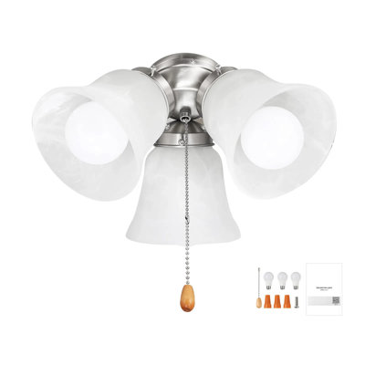 Ensemble de ventilateur de plafond 10,28 "x 6,97", ensemble de lumière de ventilateur à trois lumières 3000k 750lm avec chaîne de traction, luminaire de remplacement pour le salon, la salle à manger, le verre blanc nuage et la finition nickel brossé