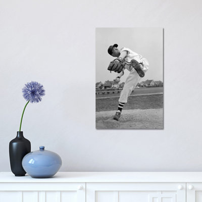 1950s Teen in Baseball Uniform Winding Up for Pitch 1 Piece Wrapped Canvas Wall Art