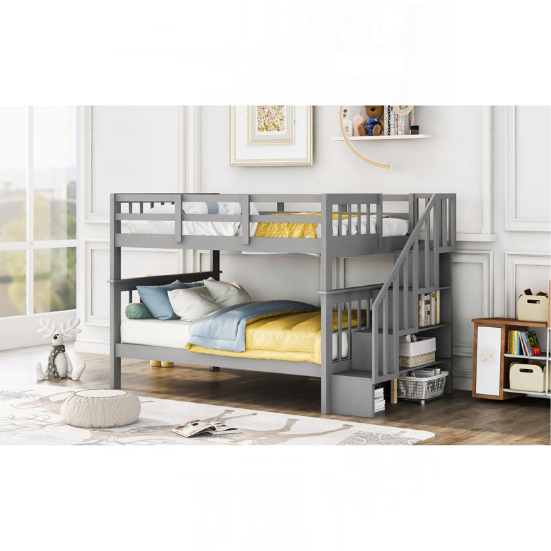 Lit superposé en escalier avec rangement et garde-corps pour chambre à coucher, dortoir, gris