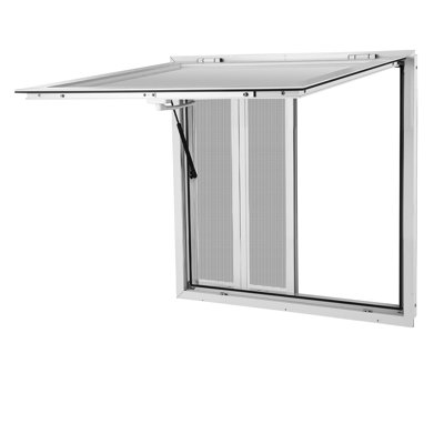 La fenêtre de service Concession Window 36 x 24 en alliage d'aluminium, conçue pour les camions de nourriture, s'ouvre jusqu'à 85 degrés avec une porte d'auvent et un crochet de résistance, résistante à l'eau pour les remorques
