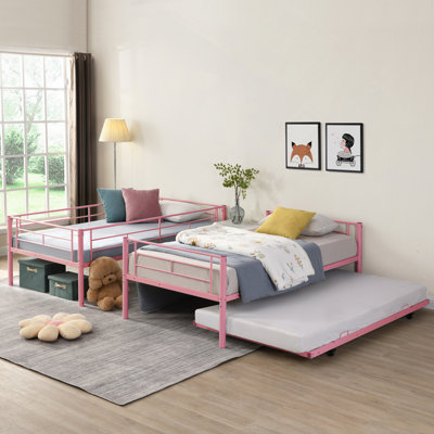 Triple Twin Bunk Bed, Modern Steel Frame, Trundle & Safe Stairs, No Box Spring Needed