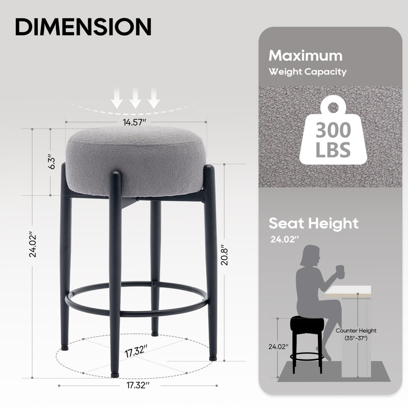 24" Modern Upholstered Bar Stool, Round Counter Height Stool with Black Metal Frame & Footrest, Soft Lambswool-Inspired Seat for Kitchen Island