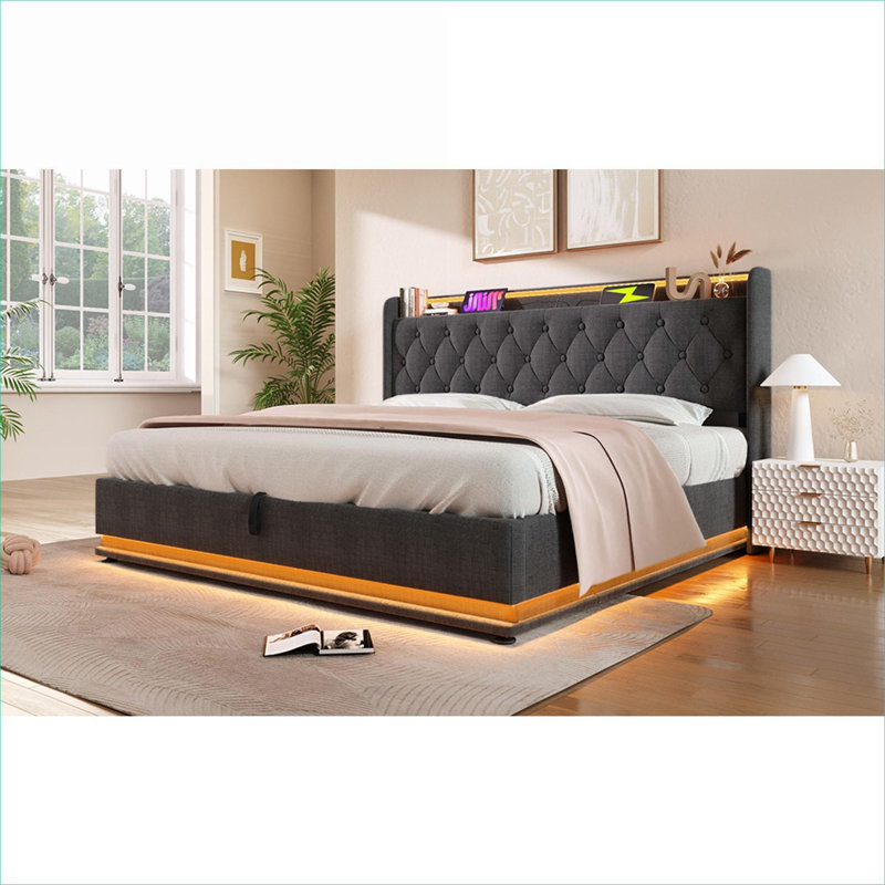 Très grand lit de rangement rembourré hydraulique pour la chambre à coucher, lin gris classique avec 360 DEL DEL et charge USB-C