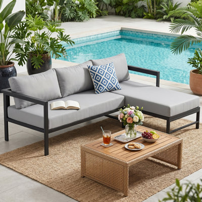 Modern Outdoor L-Shaped Patio Sofa with 5.9" Thick Cushions, Metal Frame , 3-Seater Sectional Couch for Poolside, Patio or Garden, Gray