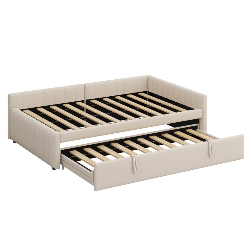 Lit de jour rembourré en L avec lit gigogne escamotable, Beige