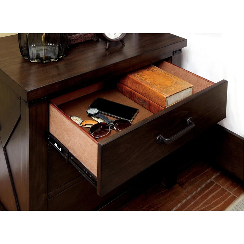 3 tables de chevet en noyer foncé rustique, bois massif avec poignées à poignées noires en placage de noyer et 3 tiroirs, poignées de bar