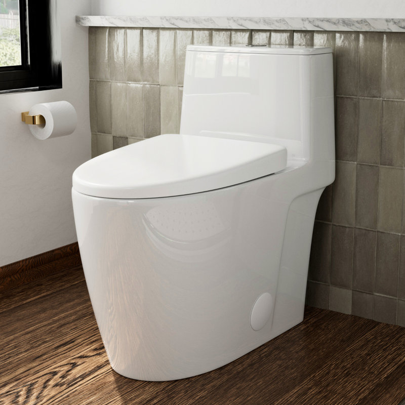 One Piece Toilet Gloss Ceramic 17.3" ADA Seat Height with Comfort Elongated Bowl, Dual Flush 1.0/1.28 GPF, Soft-Close Seat Included