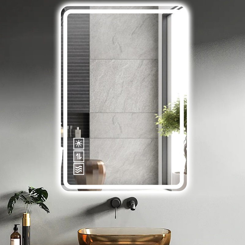 Miroir de salle de bain mural 24 po x 40 po, à fixation au mur, - brouillard, 5 mm cuivre argenté à intensité variable à trois couleurs, miroir à une touche pour désembuer la salle de bain