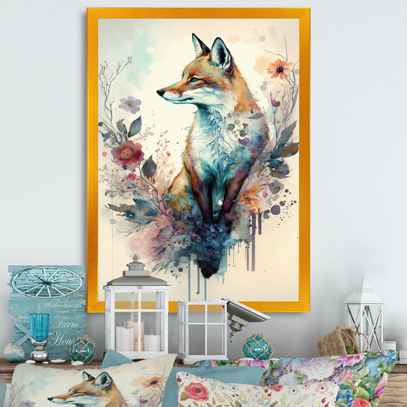 Mignon renard, art floral III - Renard, art mural, H 32 po x l 24 po x P 1 po, Cadre doré