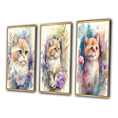 Petit chaton entouré de fleurs colorées - Ensemble de cadres flottants 3 pièces