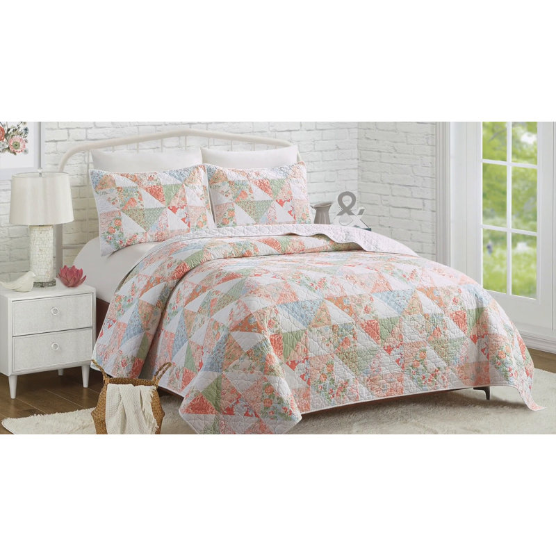 Coventry White Cotton Twin Quilt Set with Floral Patchwork