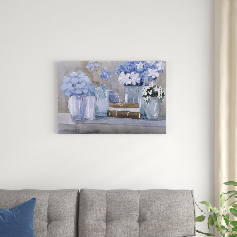 Floral peint en bleu avec des vases, H 20 po x l 30 po