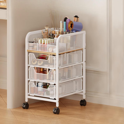 Rolling Makeup Cart Organizer With 3 Drawers, 4-Tier Narrow Floor Skincare Organizers With Dividers, Vanity Organizer Cosmetics Display Cases For Makeup Brush, Hair Tool, White