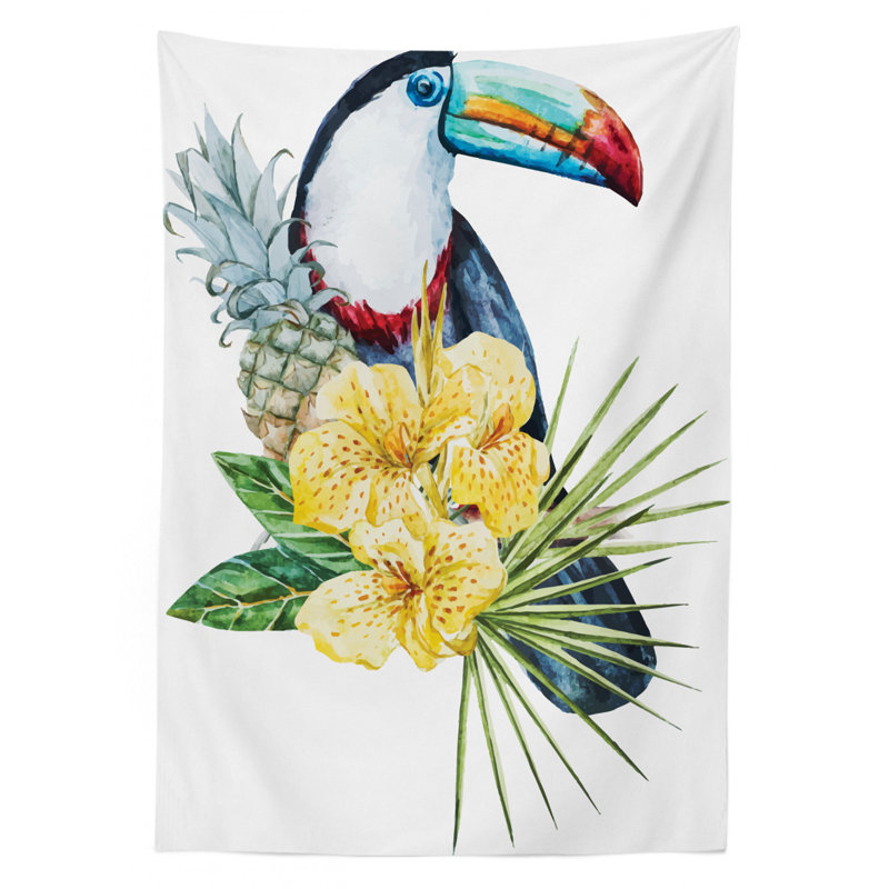 Tropical Animals Tablecloth, Toucan Bird With Exotic Hibiscus And Orchids Flower And Palm Plants Leaf, Rectangular Table Cover For Dining Room Kitchen Decor, 60" X 84", Multicolor