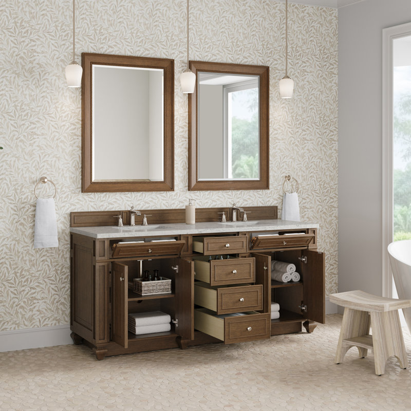 Meuble-lavabo double l 72 po Bristol, Brun selle, Perle jasmin éternelle, 8 po