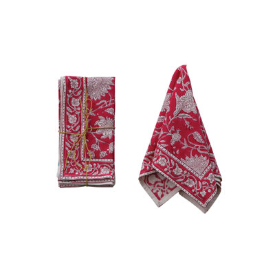 Red Block-Printed Cotton Floral Napkins
