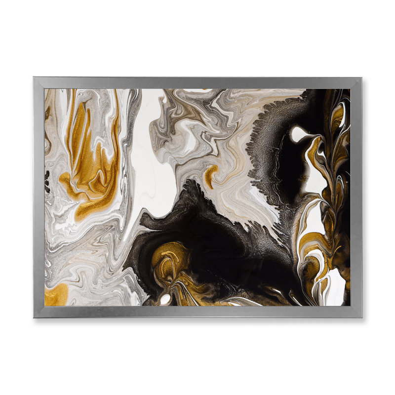 Or et vagues de marbre noir II - peinture sur toile, Cadre photo argenté, H 12 po x l 20 po