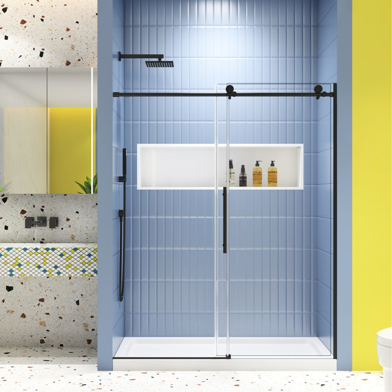 Porte de douche noire matte coulissante - Verre trempé de 5/16 po, 56-60 po x 74 po, excellente finition artisanale, 56 po, 60 po x 74 po, facile d'entretien