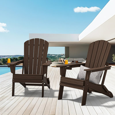 Set of 2 Folding Adirondack Chairs, Wood Texture, Cup Holder, All-Weather HDPE, Coffee