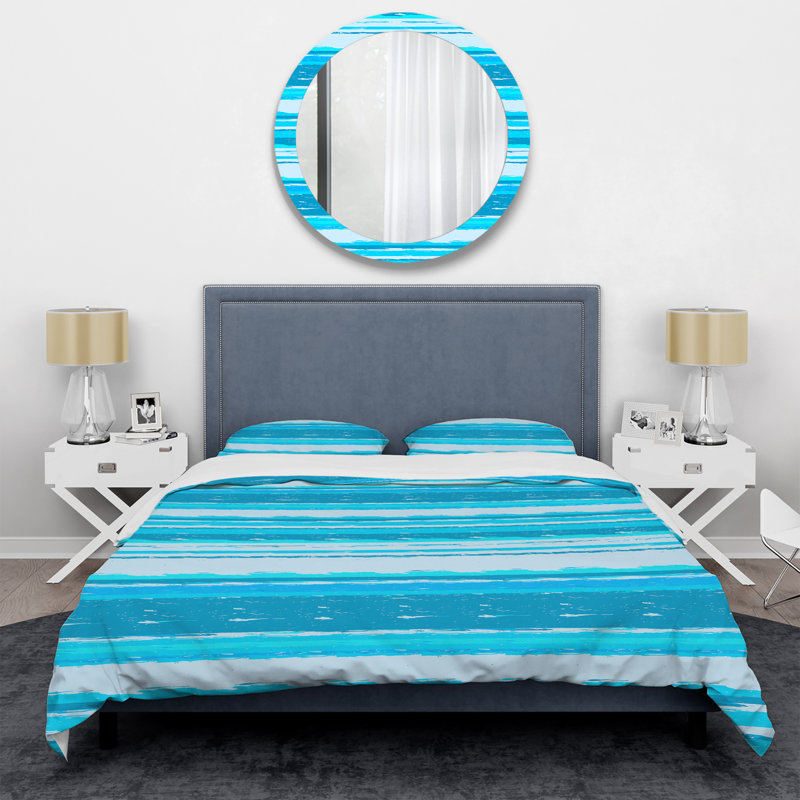 Blue Striped Pattern Polyester Striped Duvet Cover, Queen Duvet Cover + 2 Standard Shams