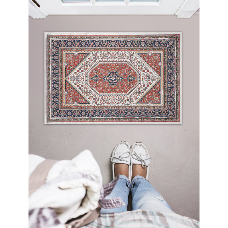 Tapis rouge et bleu marine tissé à plat avec envers antidérapant Emanuel , Rectangle 2 pi 2 po x 3 pi 2 po