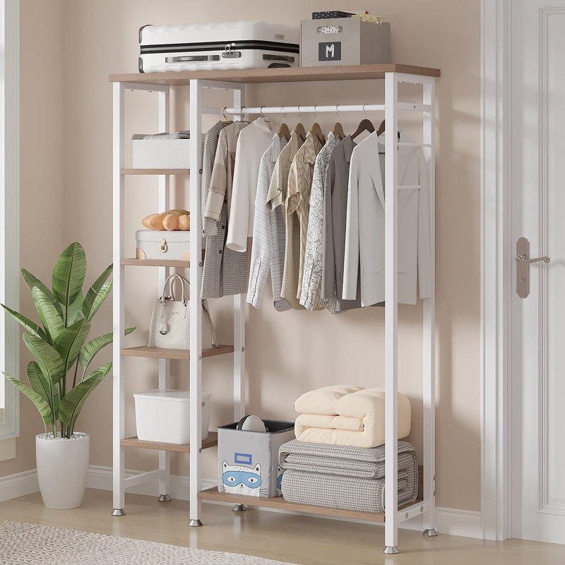 Karyen Open Garment Clothing Rack, Free-Standing Heavy Duty Storage Closet with 5 Shelves and Hanging Rod for Small Spaces