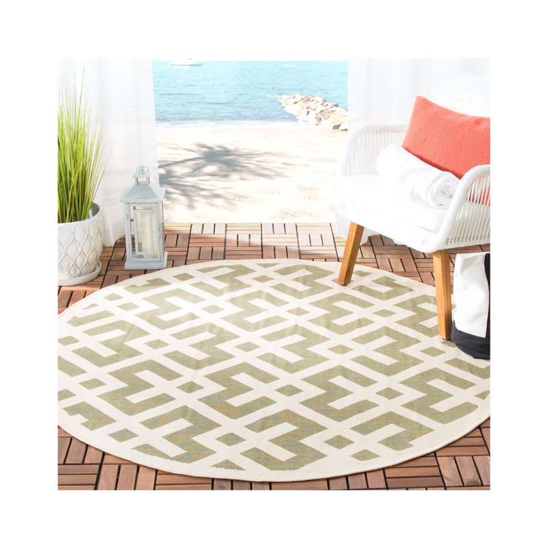 Arneshia Geometric Green/Bone Area Indoor/Outdoor Area Rug, Round 6'7"