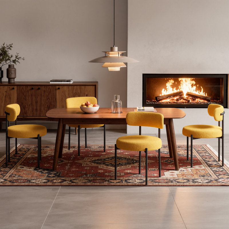 Dining Chairs Modern Teddy Fabric Upholstered Chairs with Curved Backrest and Black Metal Legs, 4, Yellow