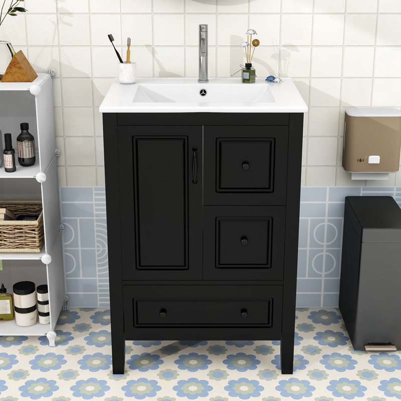 24-Inch Retro Freestanding Bathroom Vanity with Sink, Black