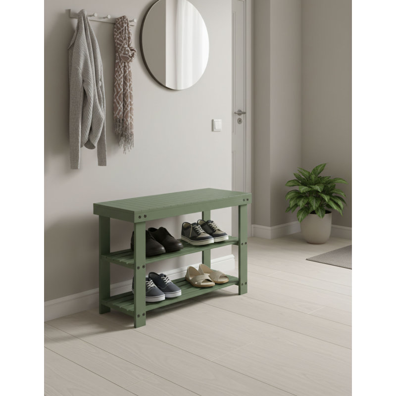 Forest Green Entryway Bench And Shoe Rack, Three-Tier Bamboo Organizer, Suitable For Multiple Scenarios, Load Capacity 286 Lbs