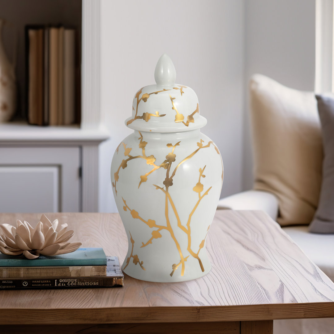 Ellport Elegance 14" White Ceramic Temple Jar with Gold Cherry Blossom - Chinoiserie Accent Piece Red Barrel Studio®