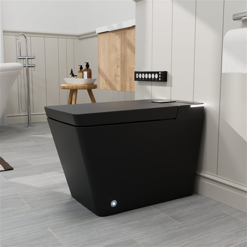 Toilette carrée une pièce à fixation au sol avec télécommande et couvercle automatique, Noir mat
