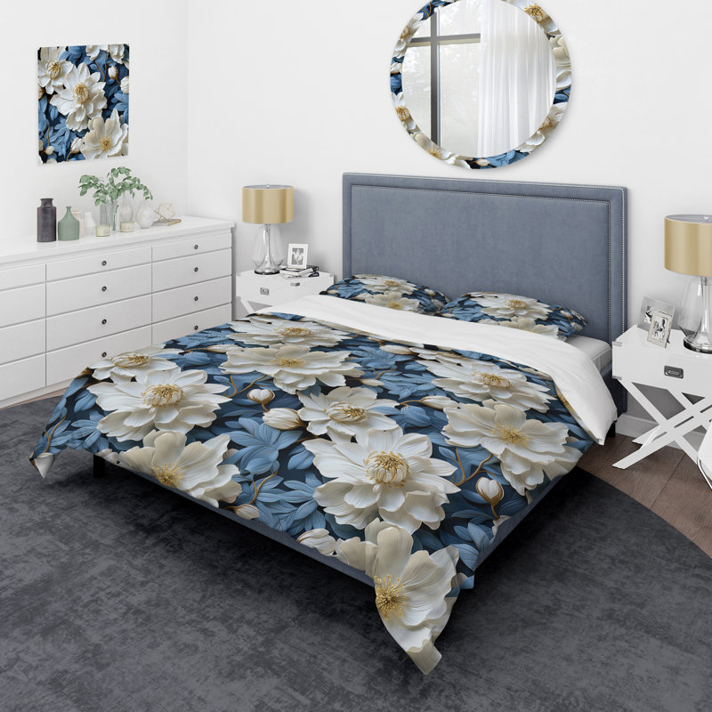 Ensemble de housse de couette en microfibre bleu / blanc à motif floral bleu et blanc VII