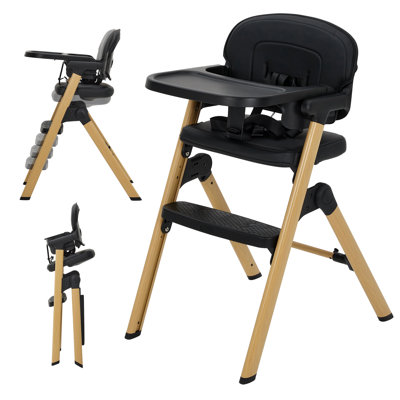 Chaise haute pour bébé pour bébés et tout-petits - Chaise d'alimentation portable pliable avec plateau amovible, repose-pieds réglable et coussin imperméable facile à nettoyer, pieds en grain de bois gris clair