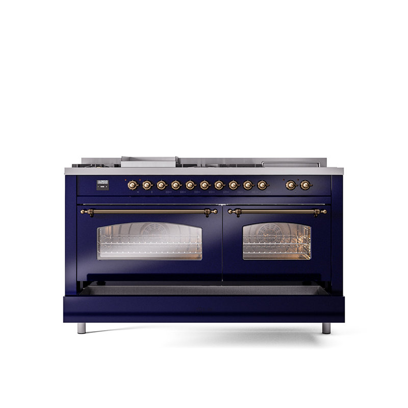 ILVE Nostalgie II Series 60 inch Dual Fuel Range with 5 Sealed Burners, Griddle, Frenchtop (Glass Door), Liquid Propane