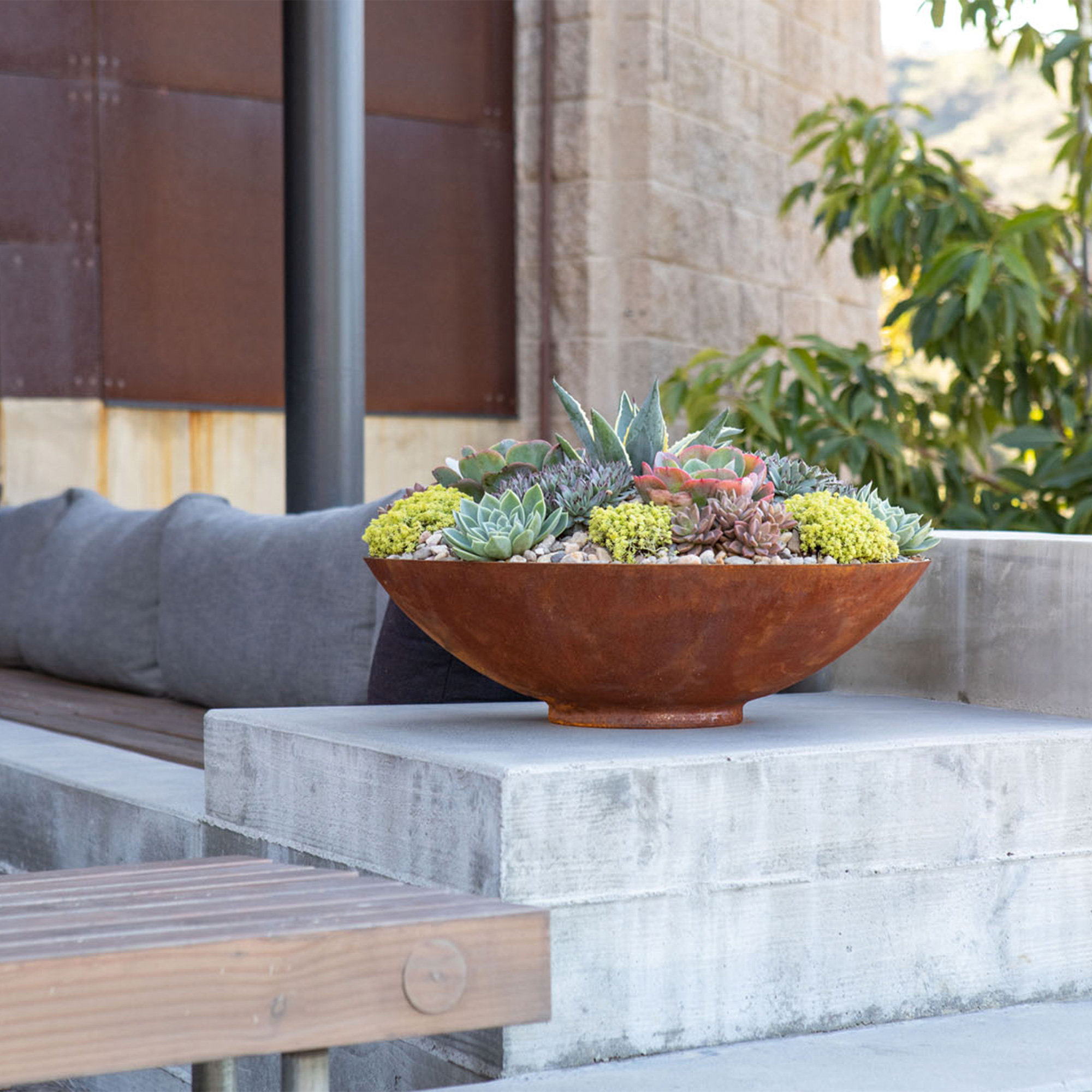 Corten Steel Series Round Bowl Planter, 8" H x 32" W x 32" D
