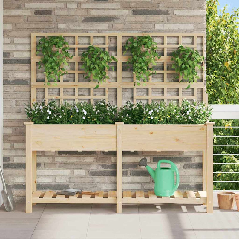 Garden Planter with Shelf Solid Fir Wood Outdoor Rectangular Box, 152.5cmH x 161cmW x 46cmD, Beige