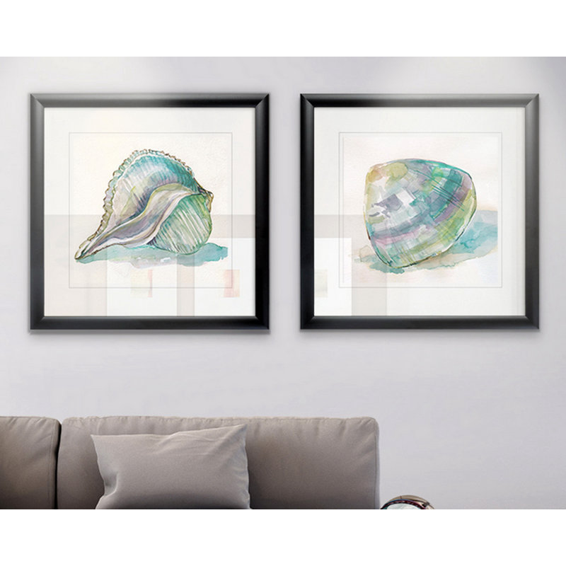 Malecon Shell I - Antique Nautical Study, Matted and Framed Under Acrylic Glass, Set of 2, Coastal Wall Art for Living Room