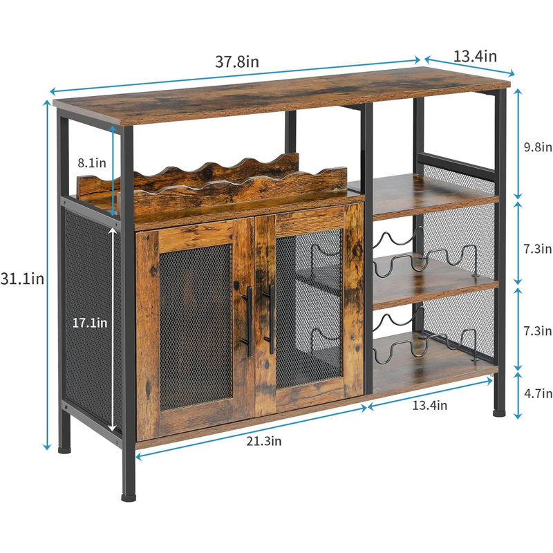 Brown Small Sideboard And Buffet Cabinet With Mesh Door And Detachable Wine Rack