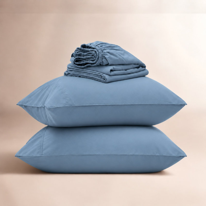 Drap de coton Tencel double couture uni 4 pièces , Ensemble de draps pour lit très grand californien, Bleu Windward