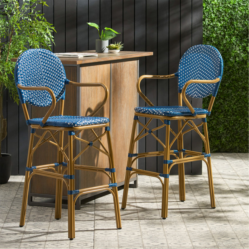 Ensemble de 2 tabourets de bar d'extérieur en osier et aluminium 29,5 po, bleu marine, finition à imprimé bambou, Navy Blue
