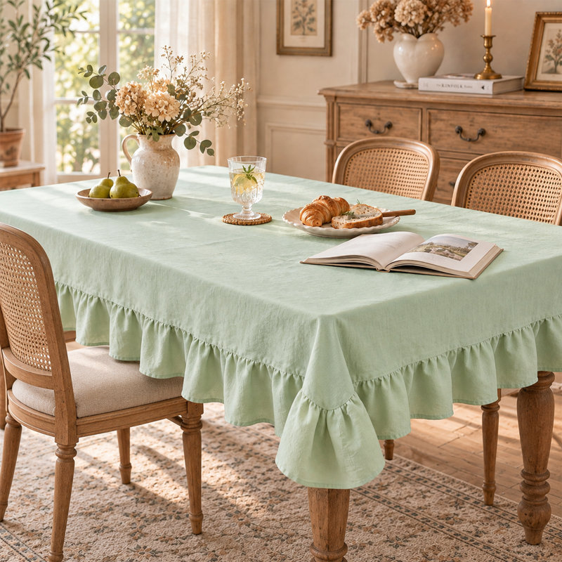 100% Linen Solid Tablecloth with Ruffle Edge, Green