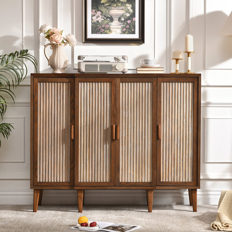 4-Door Accent Storage Cabinet with Adjustable Shelves, Fluted Panel Doors, Mid-Century Modern