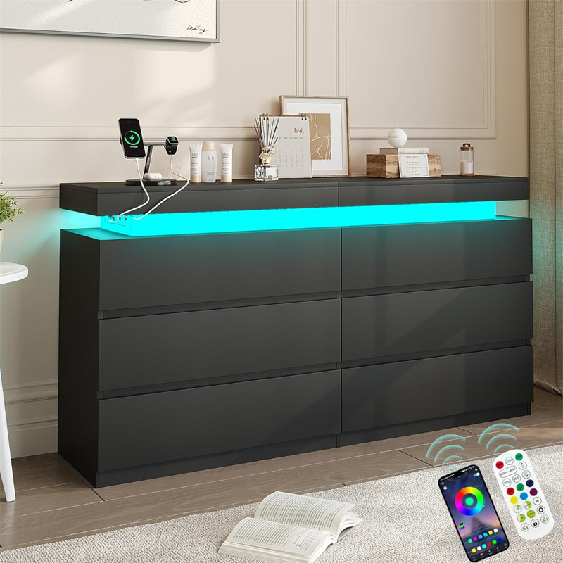 6-Drawer Dresser With Sliding Desktop & Power Outlet Storage Cabinet With Led Lights, Wide Chest Of Drawers With Charging Station, Organizer For Bedroom, Closet, Living Room