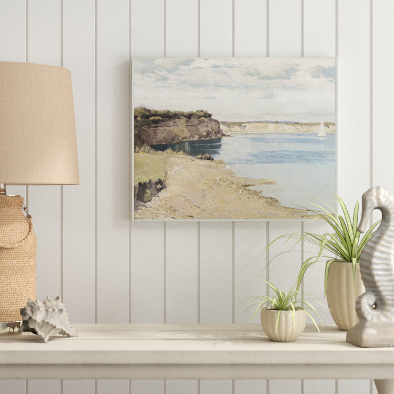 «Still Morning Oceanside Cliff and a Sailboat», impression, Plaque murale, H 10 po x l 15 po x P 0,5 po