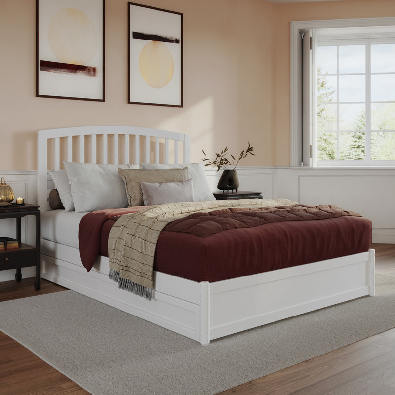 Lamari Solid Wood Platform Bed with Footboard & Roll Out Trundle Bed, White, Queen