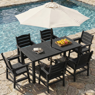 Ensemble de salle à manger de patio pour 6 personnes toutes saisons Ensemble de table d'extérieur et chaises de haute qualité avec trou pour parasol et cadre en aluminium pour l'extérieur, jardin, terrasse, bord de piscine, noir