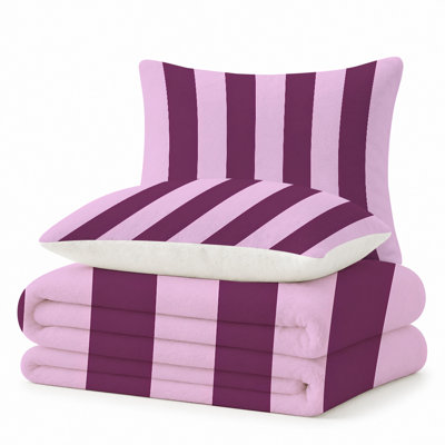 Ensemble de couverture légère en flanelle de qualité supérieure et 2 taies décoratives avec bandes à rayures horizontales mauves et roses, ensemble de literie confortable ultra-douce et chaude pour toutes saisons, couverture de 60 po x 80 po + 2 taies d'oreiller anti-boulochage et lavables à la machine (ensemble de 3)
