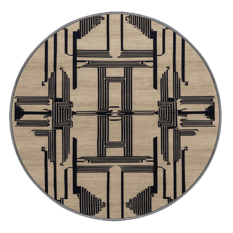 Machine Washable Art Deco Gray Area Rug, Round 3'