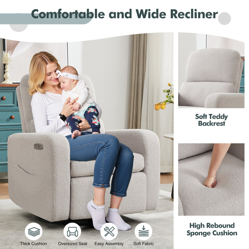 Gray Faux Leather Swivel Rocker Recliner with USB Port